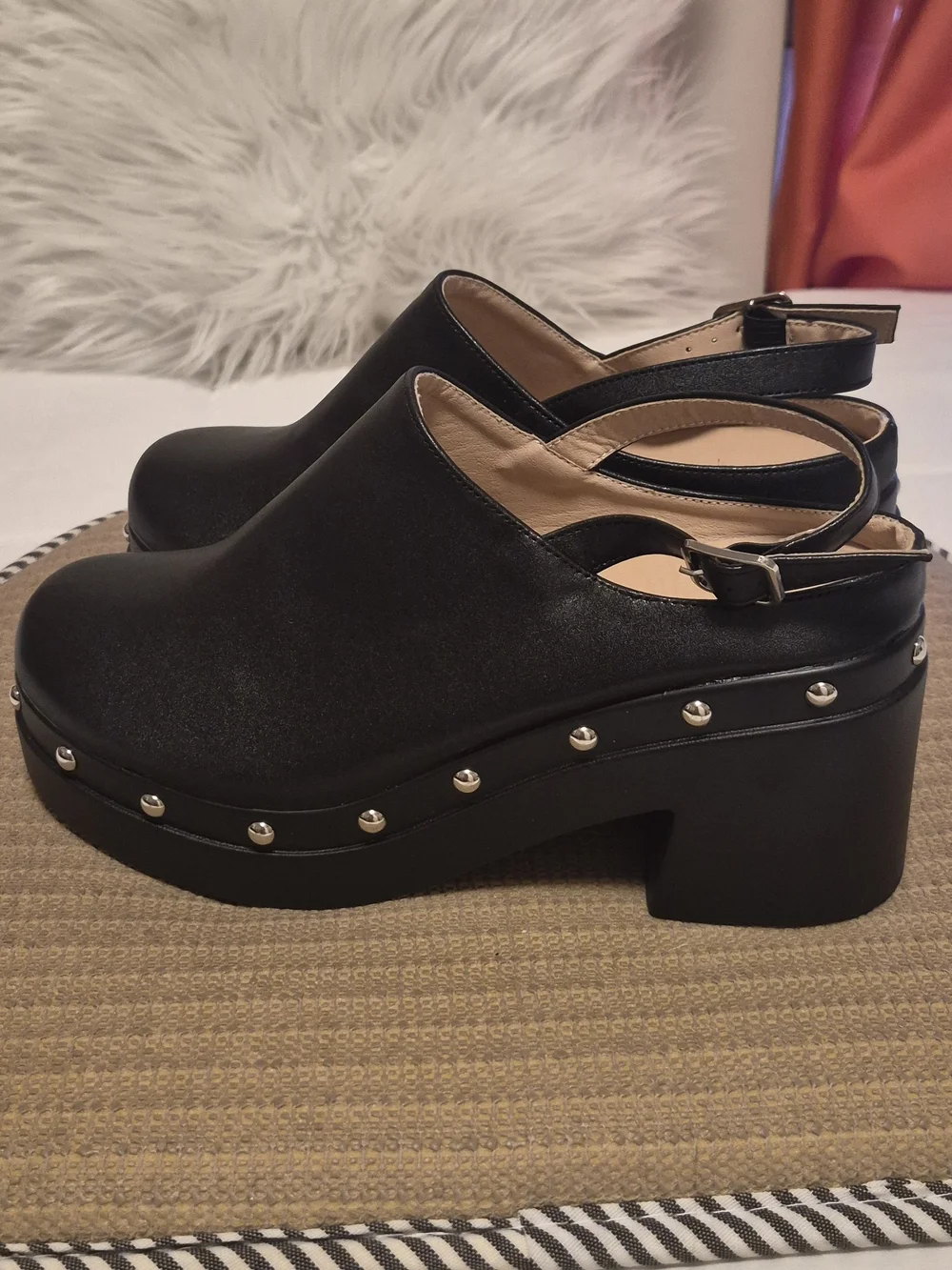 Black Studded Platform Slingback Clogs - Women's